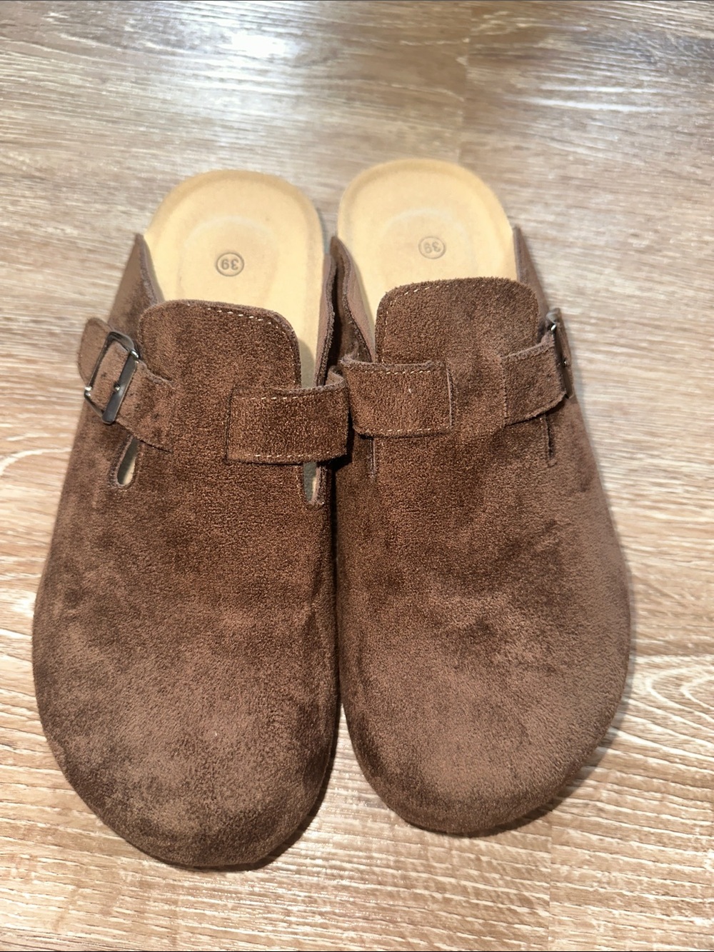Women's Brown Suede Slip-On Clog Mule with Adjustable Buckle